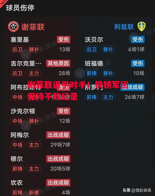 谢菲联逼平对手！铁锈军团保持不败纪录